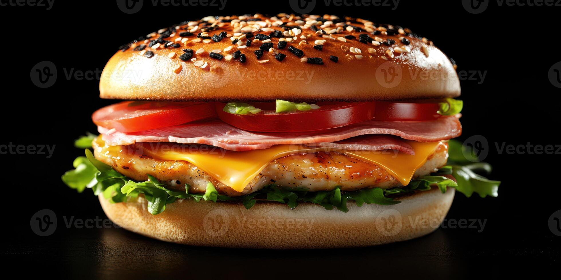 Delicious hamburger with layers of cheese, ham, tomato, and lettuce on a sesame seed bun presented against a dark background photo