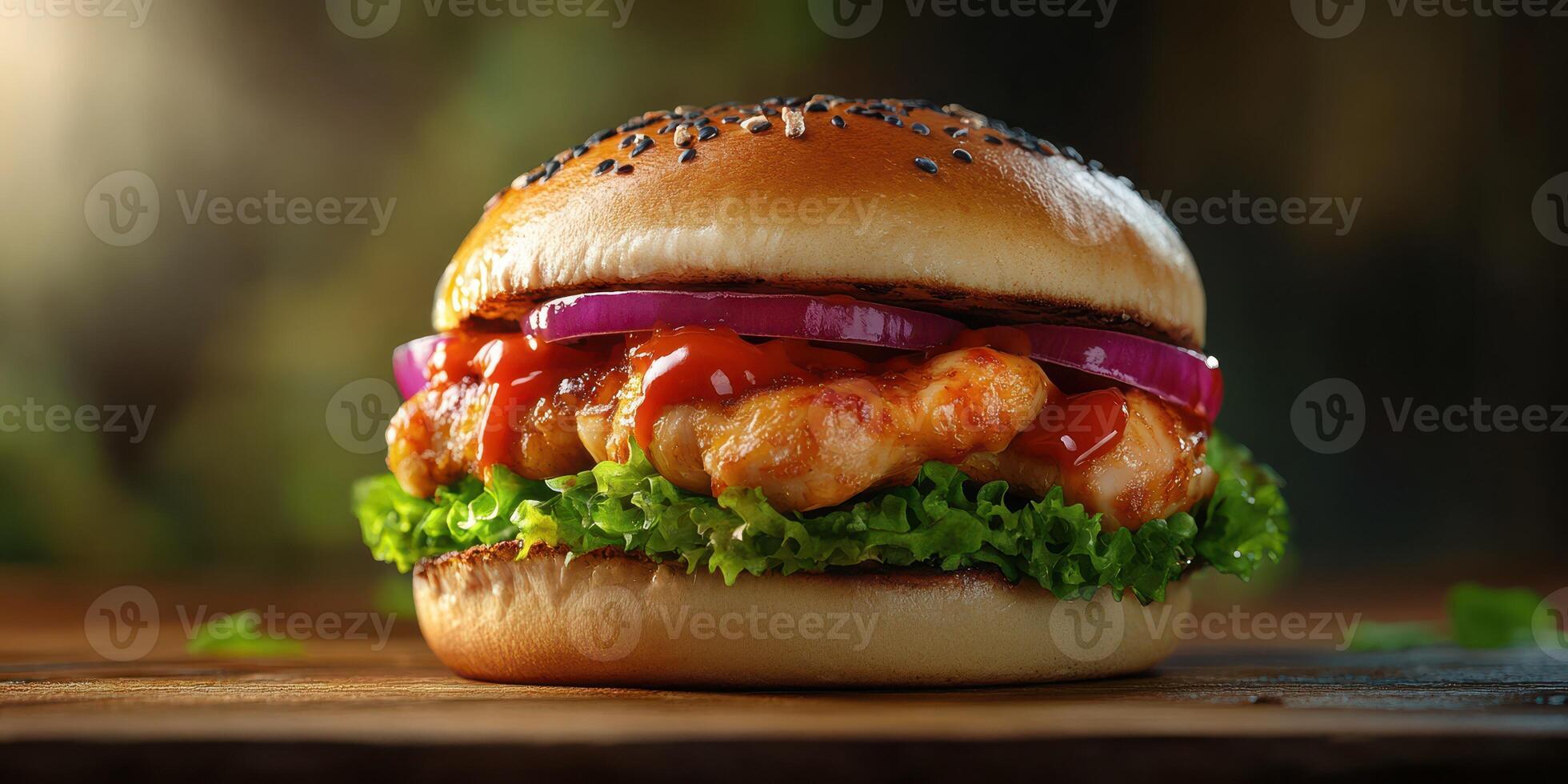 Delicious chicken sandwich with fresh toppings served on a wooden table in a natural setting photo