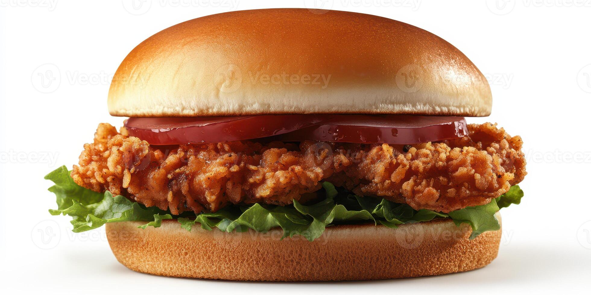Crispy fried chicken sandwich with fresh lettuce and tomato on a soft bun served in a casual setting photo