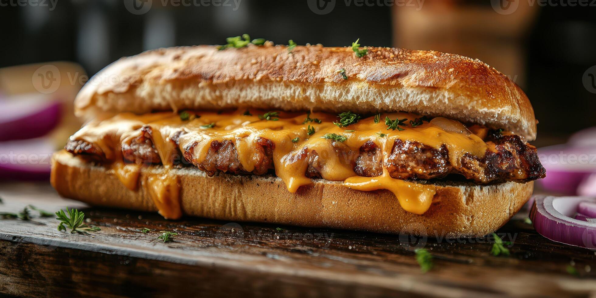 Delicious cheesy sandwich with grilled meat and fresh herbs served on a wooden table photo