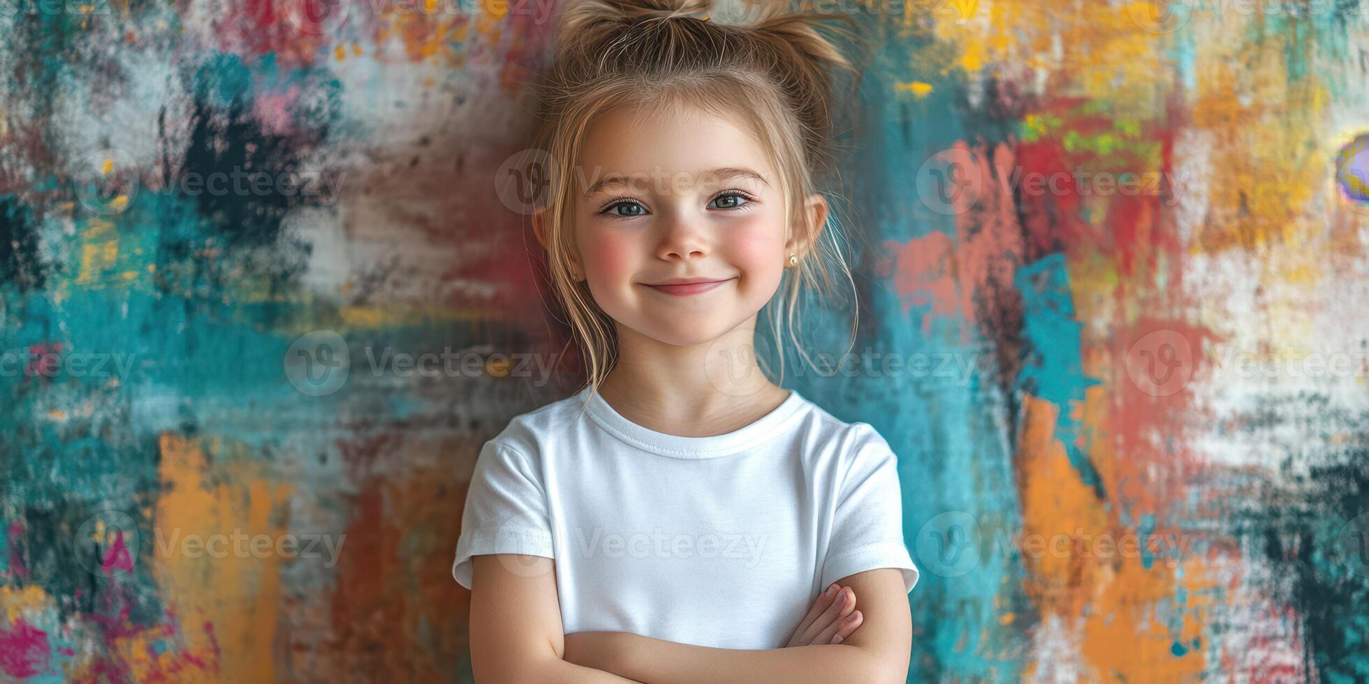 Smiling child stands confidently in front of a vibrant abstract mural with colorful patterns and textures photo