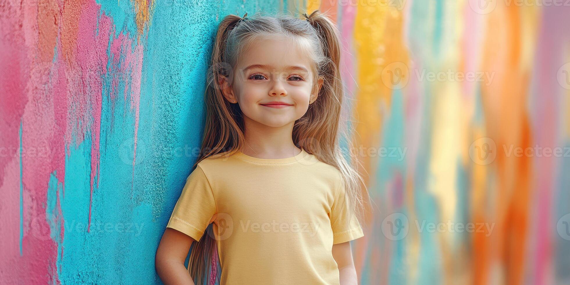 Young girl poses against a vibrant mural in a joyful outdoor setting on a sunny day photo