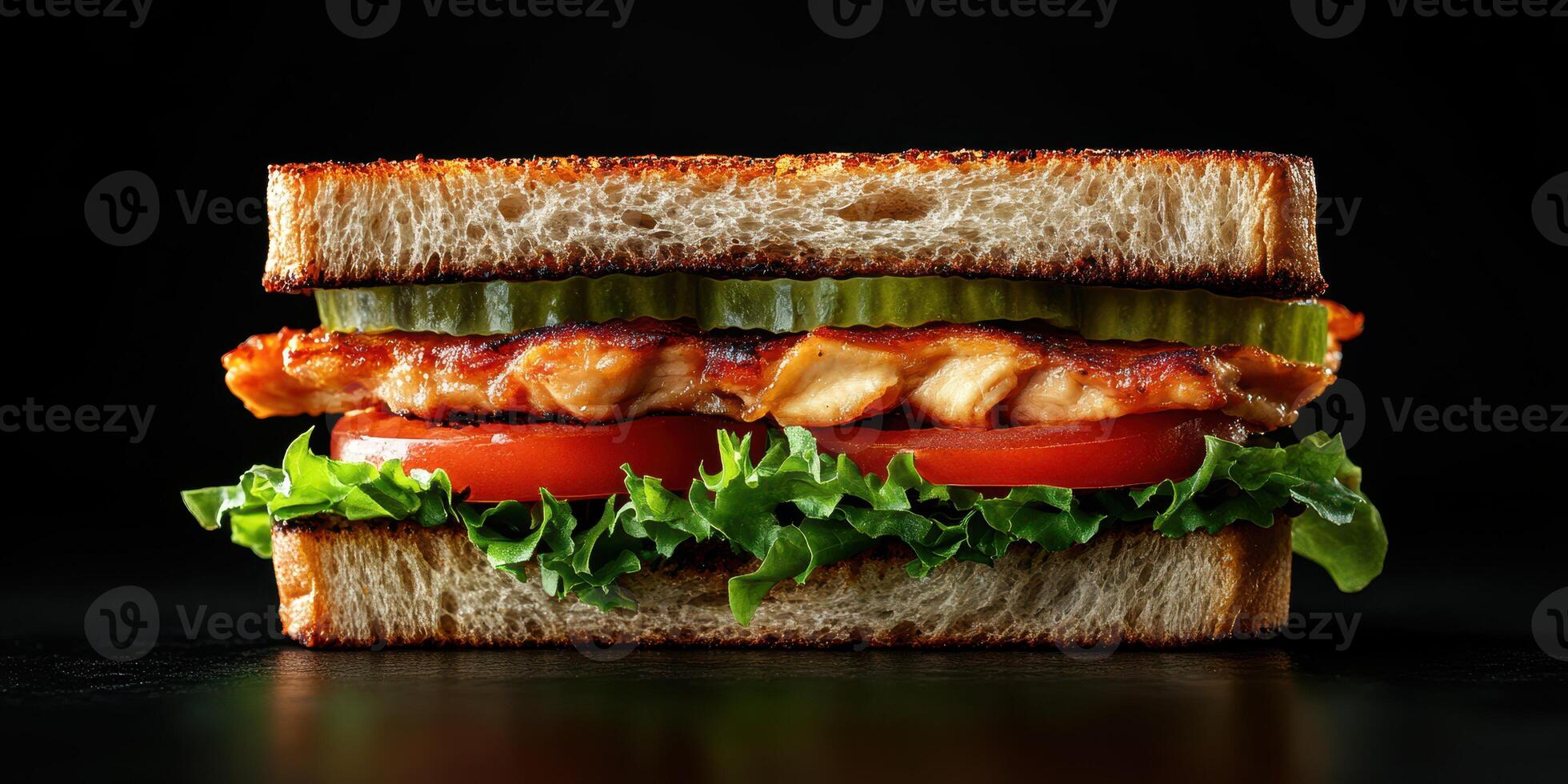 Delicious sandwich featuring grilled chicken, fresh vegetables, and tangy pickles on whole grain bread served against a dark background photo