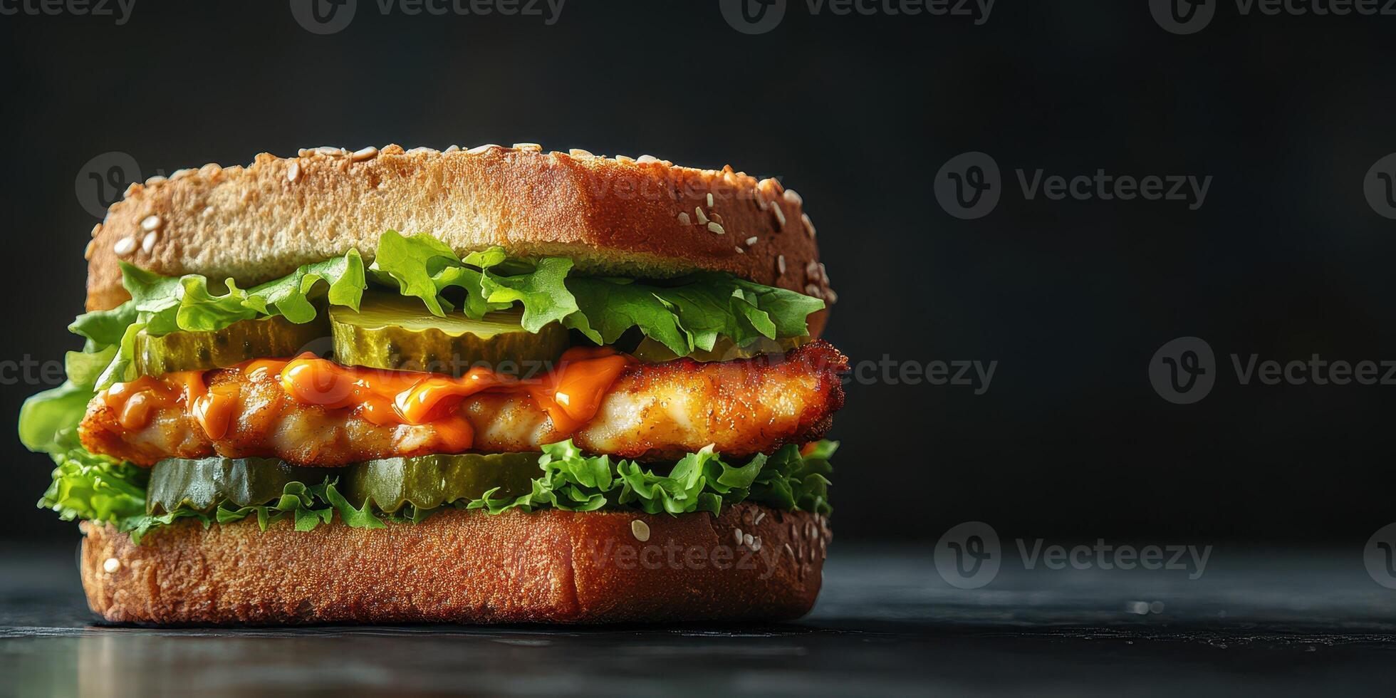 Tasty chicken sandwich with lettuce and pickles served on whole grain bread with spicy sauce photo