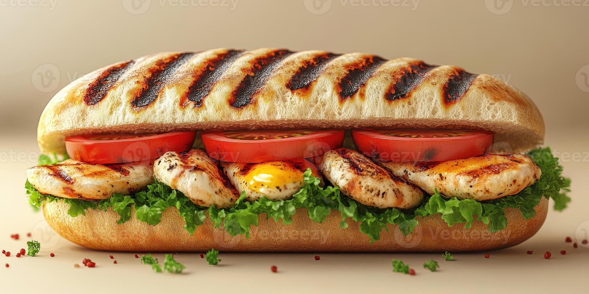 Grilled chicken sandwich with fresh vegetables served on a toasted hoagie roll photo