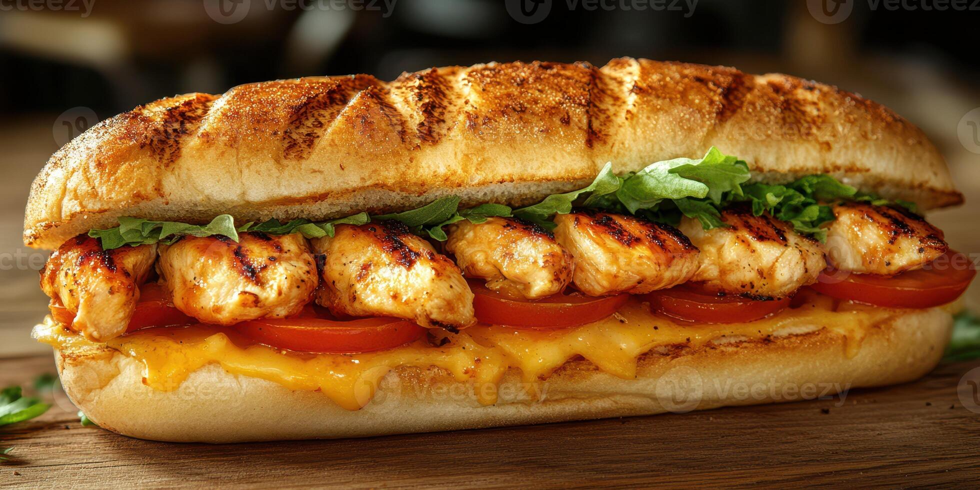 Delicious grilled chicken sandwich with melted cheese and fresh vegetables on a wooden table photo