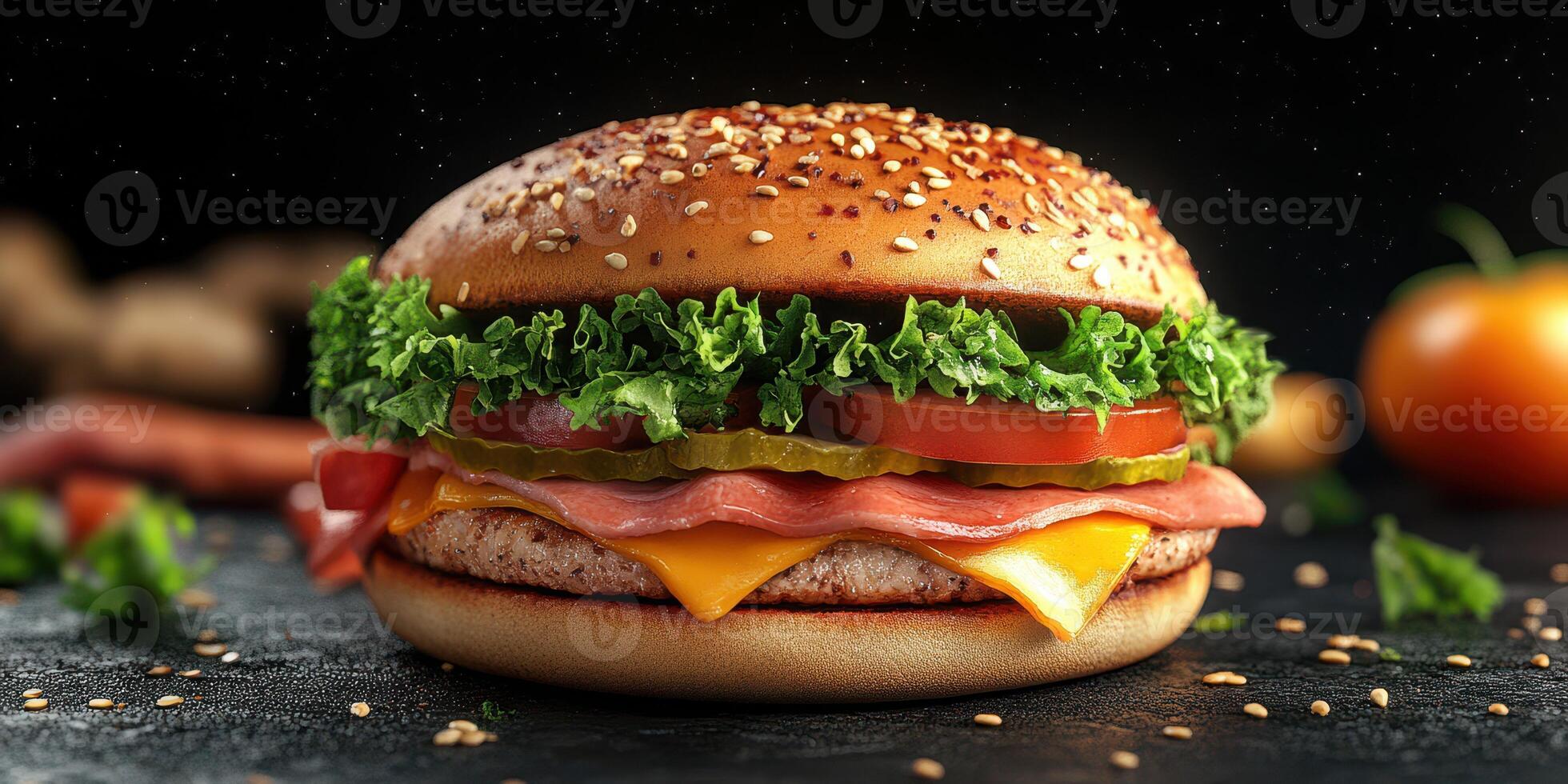 Juicy hamburger with fresh ingredients served on a black table with soft lighting photo