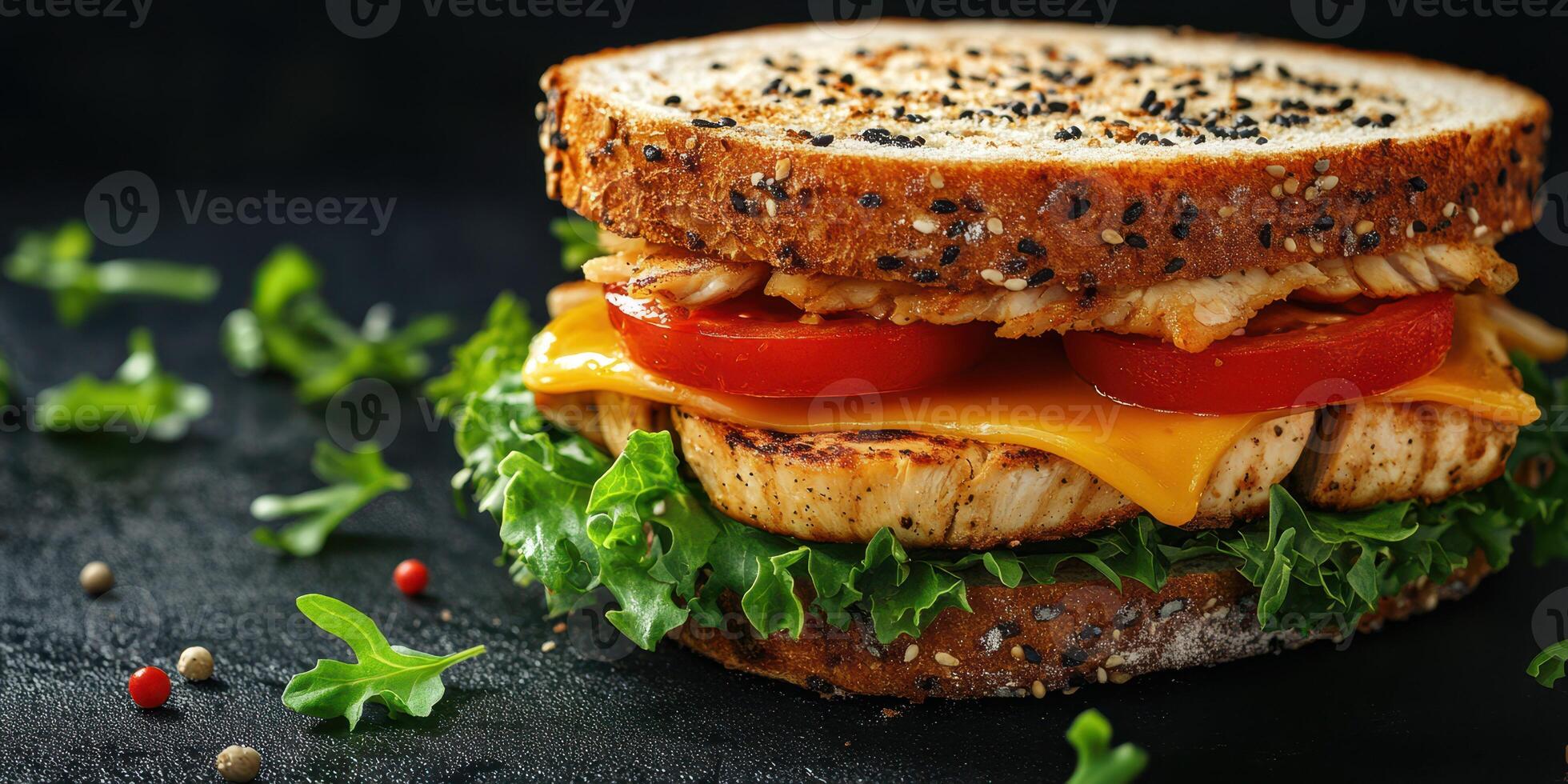 Delicious grilled chicken sandwich with fresh vegetables on sesame whole grain bread photo