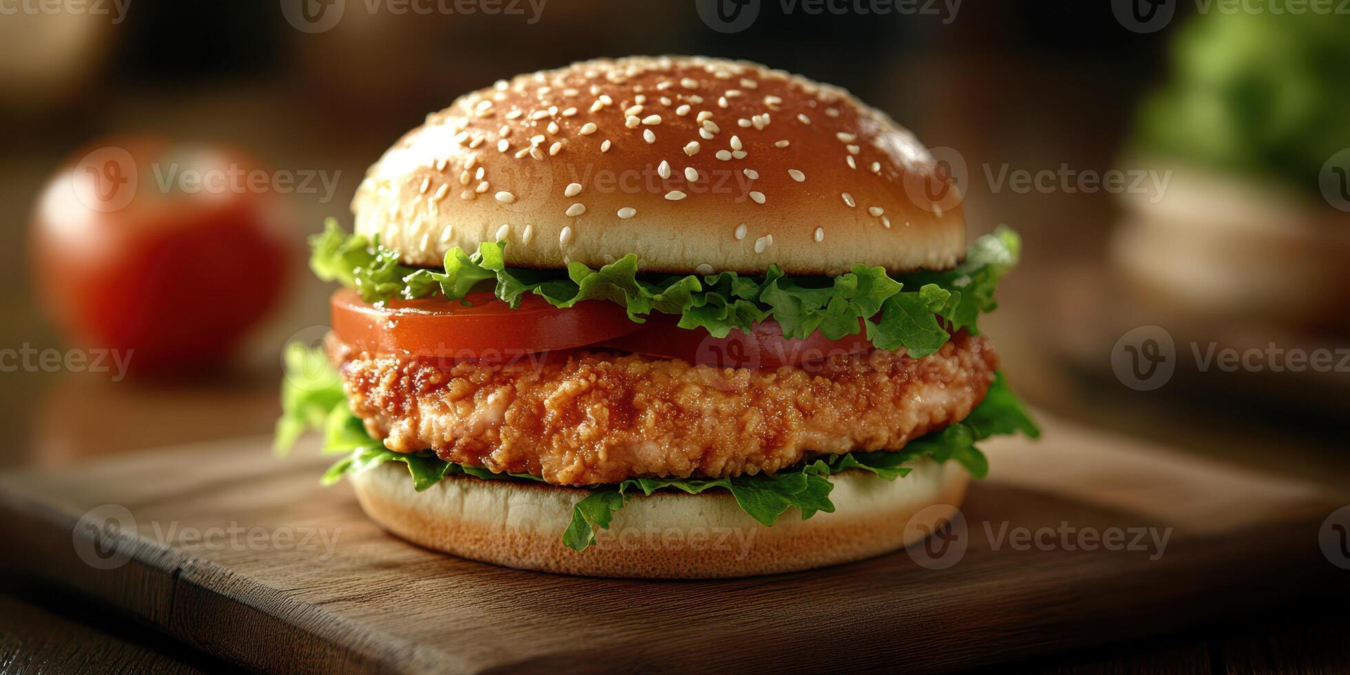 Juicy fried chicken burger with fresh veggies served on a sesame seed bun in a rustic setting photo