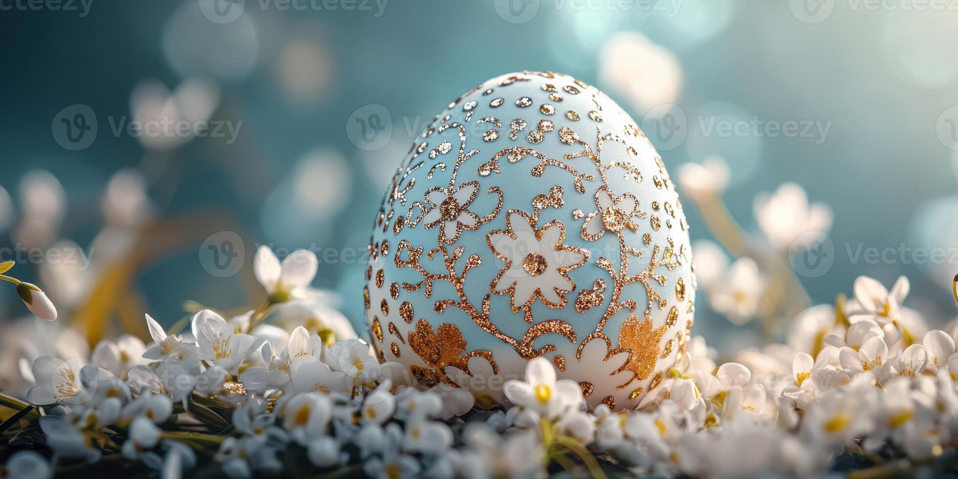 Decoratively designed egg surrounded by delicate white flowers in soft morning light photo