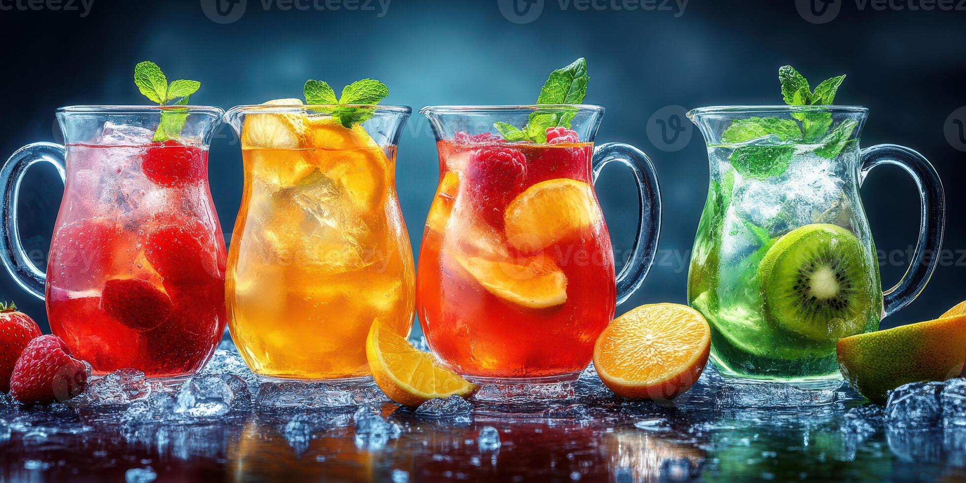 Refreshing fruit drinks displayed elegantly with ice and garnishes in a vibrant setting photo