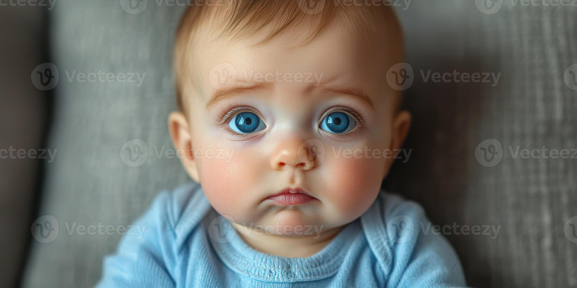 Candid portrait of a baby with striking blue eyes sitting on a couch in a cozy living room setting photo