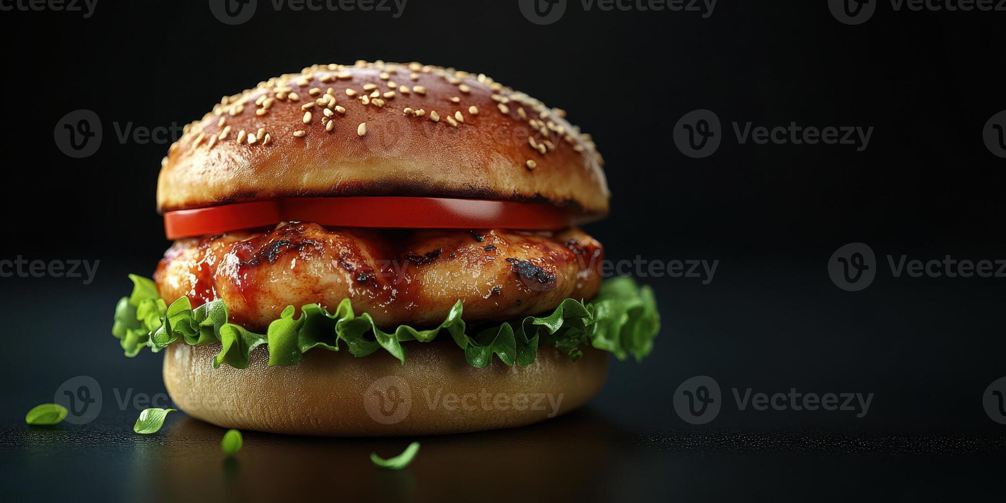 Juicy grilled chicken burger with fresh lettuce and tomato on a sesame seed bun ready to be enjoyed photo