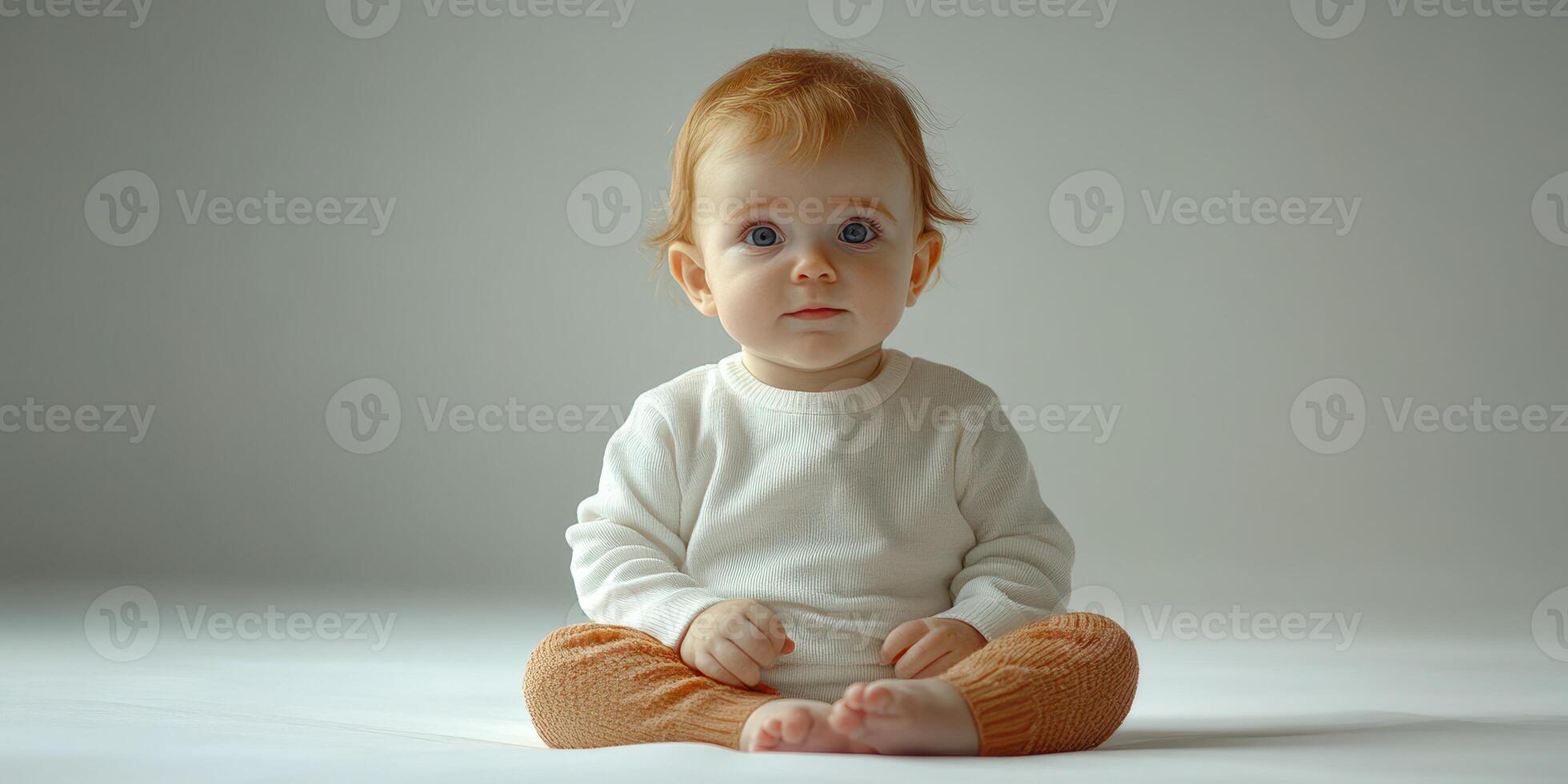 Cute baby with orange pants sitting calmly on a soft surface in a minimalist indoor setting photo