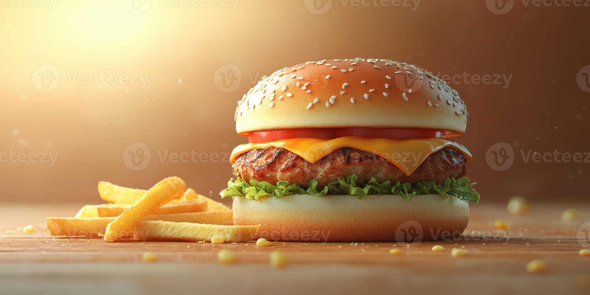 Juicy burger with melted cheese and crispy fries on wooden table illuminated by warm light photo