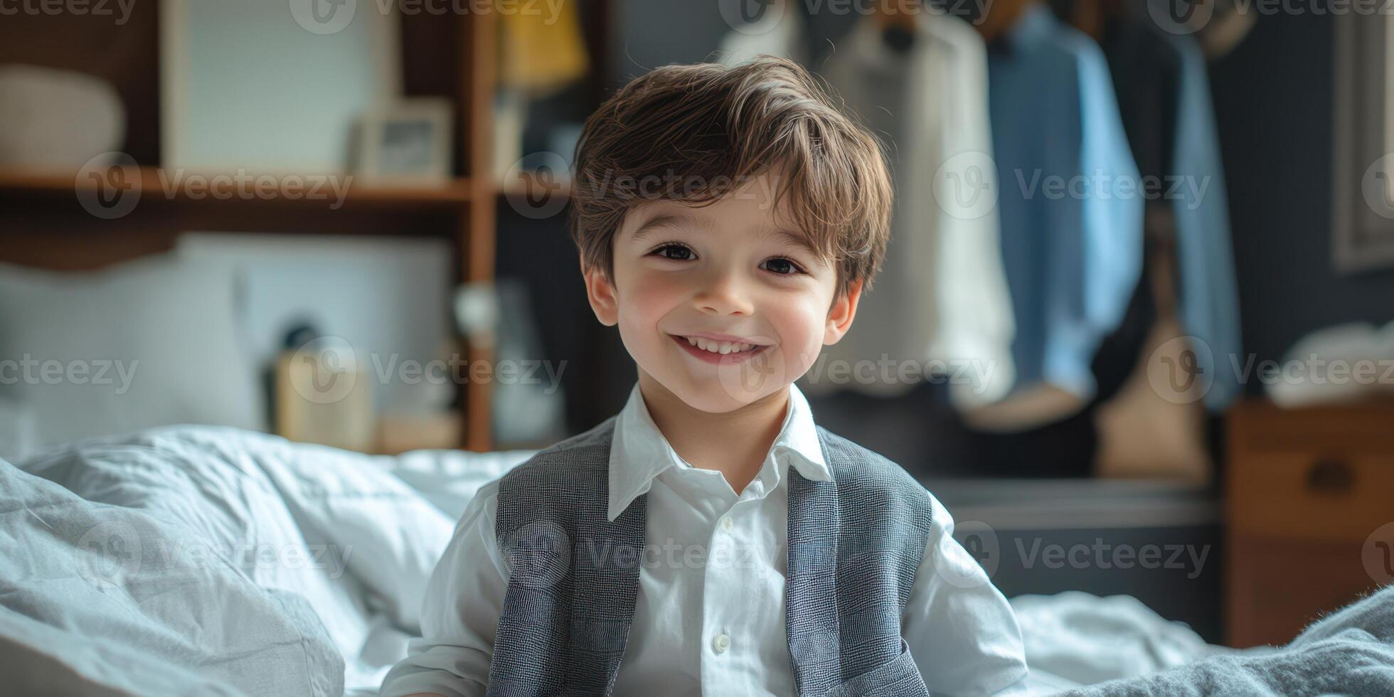Young boy in stylish outfit smiles joyfully in bright bedroom setting with soft lighting photo