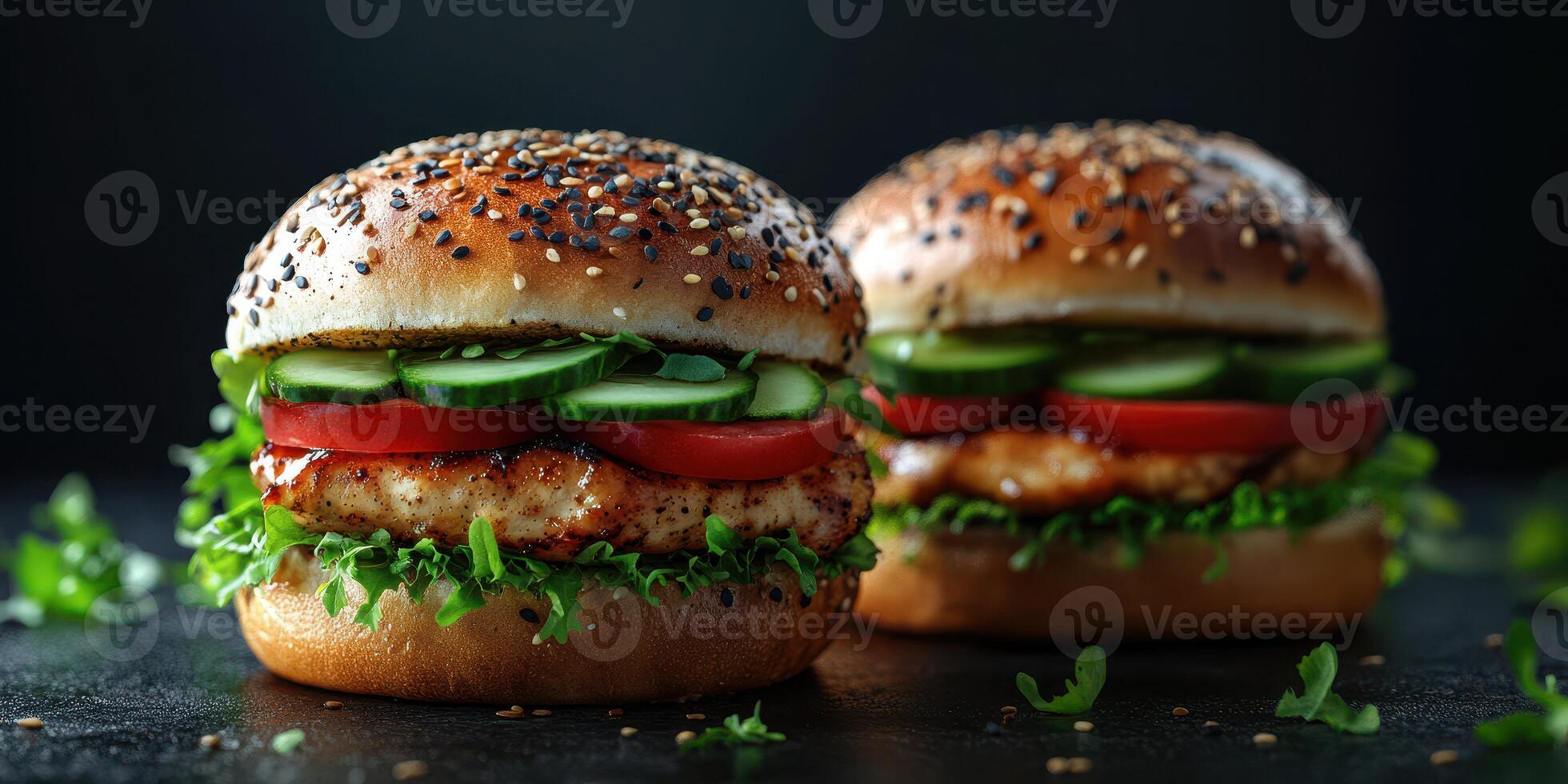 Juicy grilled chicken burgers with fresh vegetables and sesame seed buns ready to serve photo