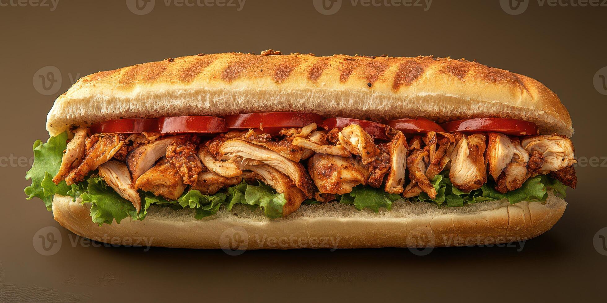 Freshly made sandwich with grilled chicken, lettuce, and tomatoes served on toasted bread photo