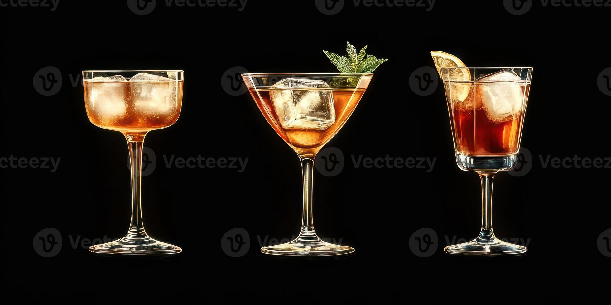 Three elegant cocktails displayed on a dark background showcasing their unique flavors and presentation at a social gathering photo