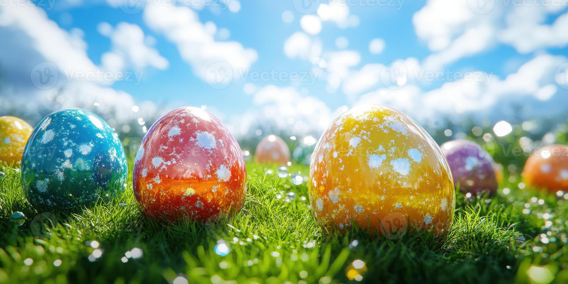 Colorful decorated eggs resting on green grass under a bright blue sky on a sunny spring day photo