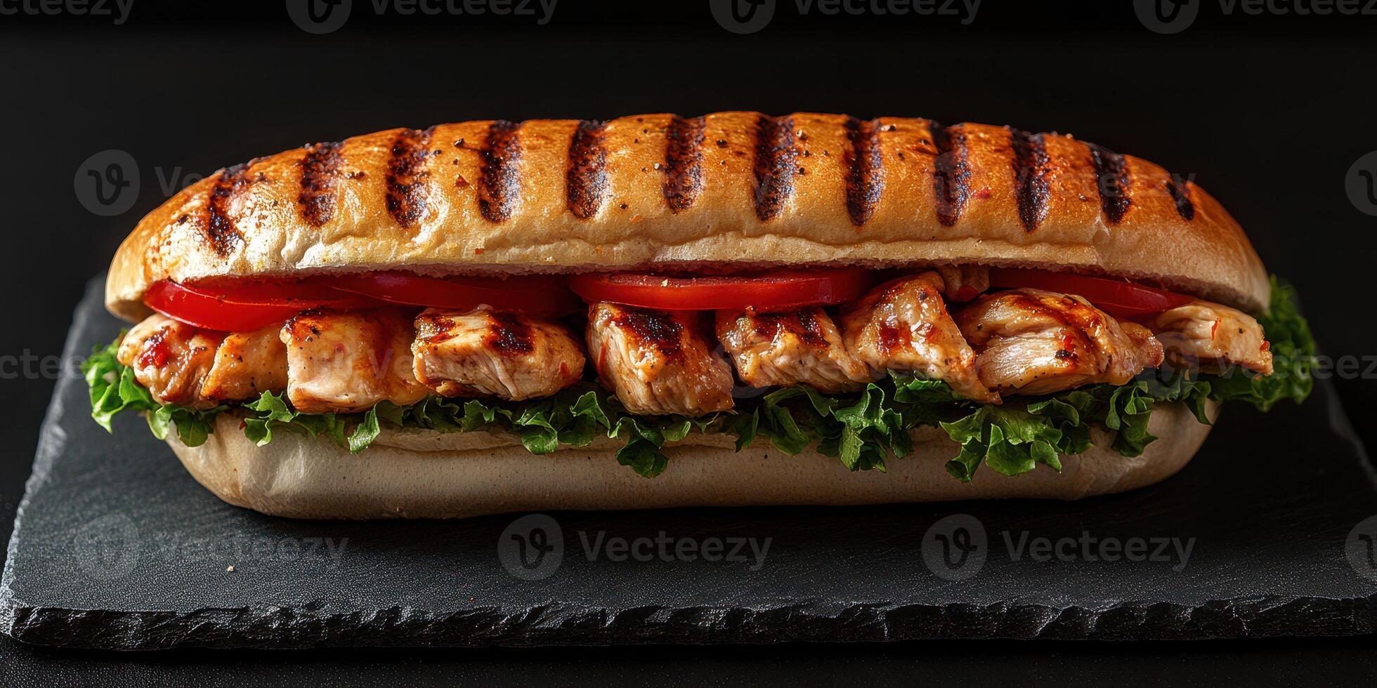 Grilled chicken sandwich topped with fresh lettuce and tomatoes on a dark slate background photo