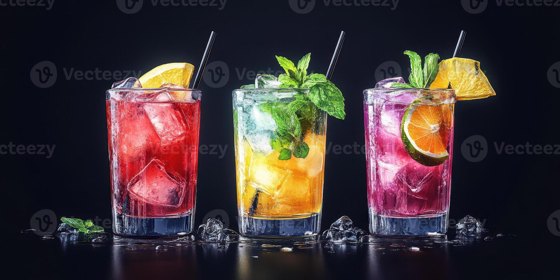 Colorful cocktails with ice and fruit garnishes arranged on a dark backdrop for a refreshing summer vibe photo