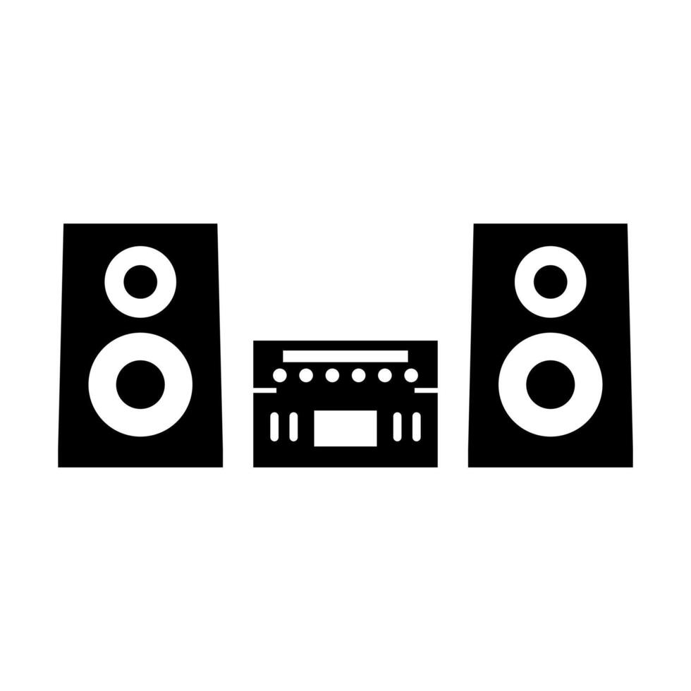 A speaker and a radio are shown in black and white vector