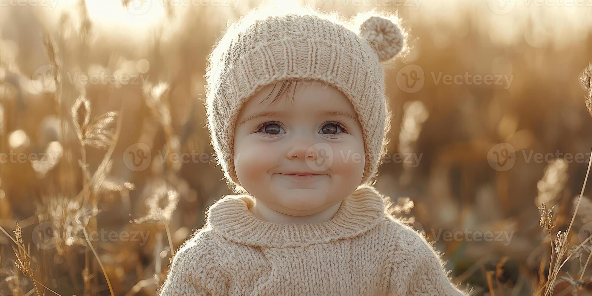 Sweet toddler smiles in golden field during sunset with warm colors and soft light photo