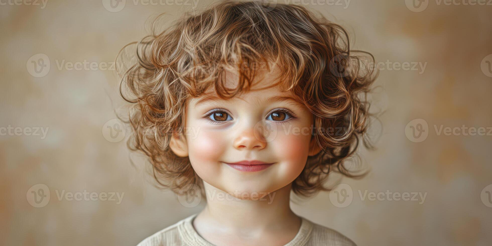 Charming young child with curly hair smiling warmly against a soft, neutral background in natural light photo