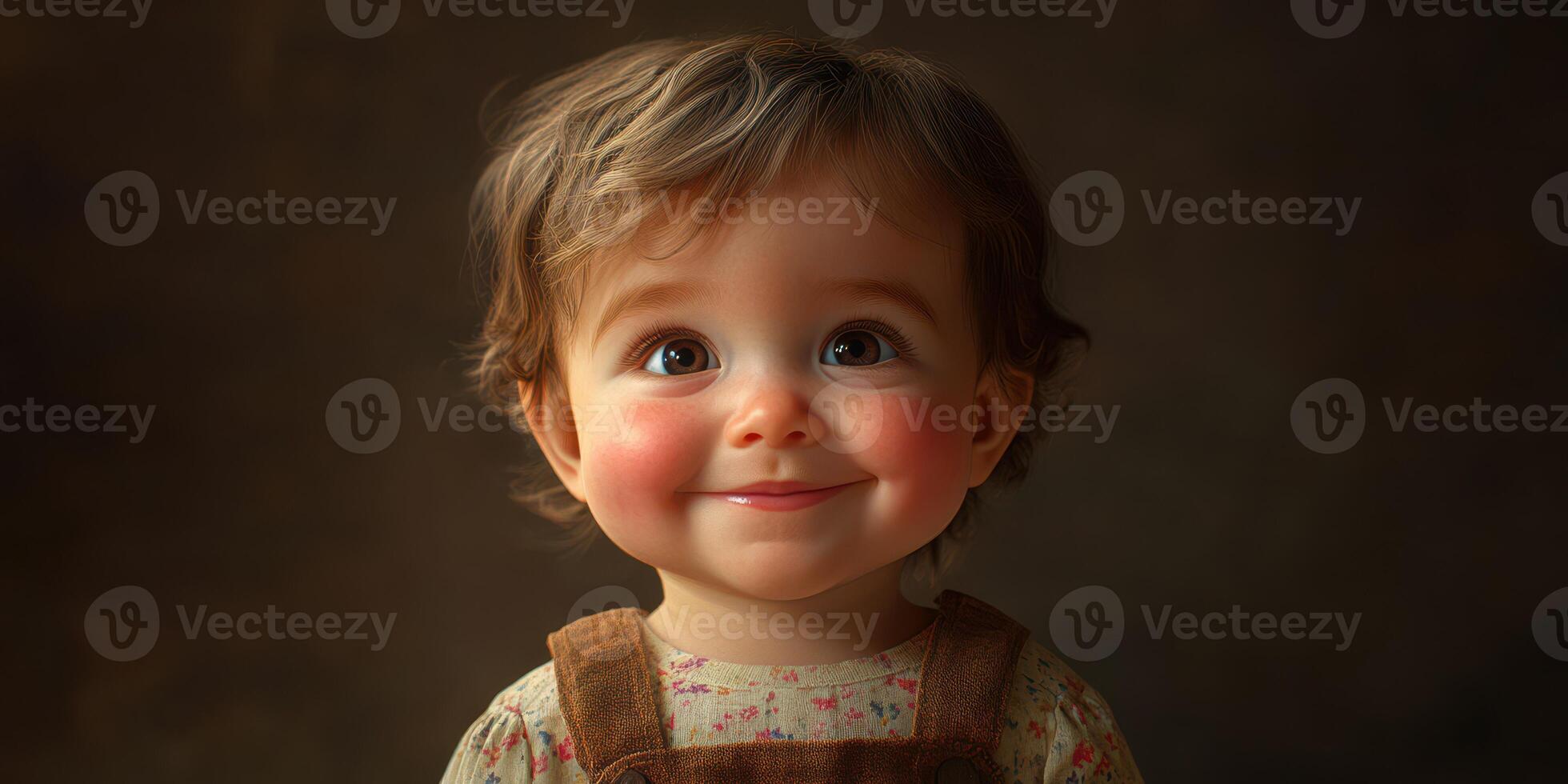 Smiling toddler with big brown eyes and curly hair wearing a floral shirt in a cozy indoor setting during afternoon lighting photo