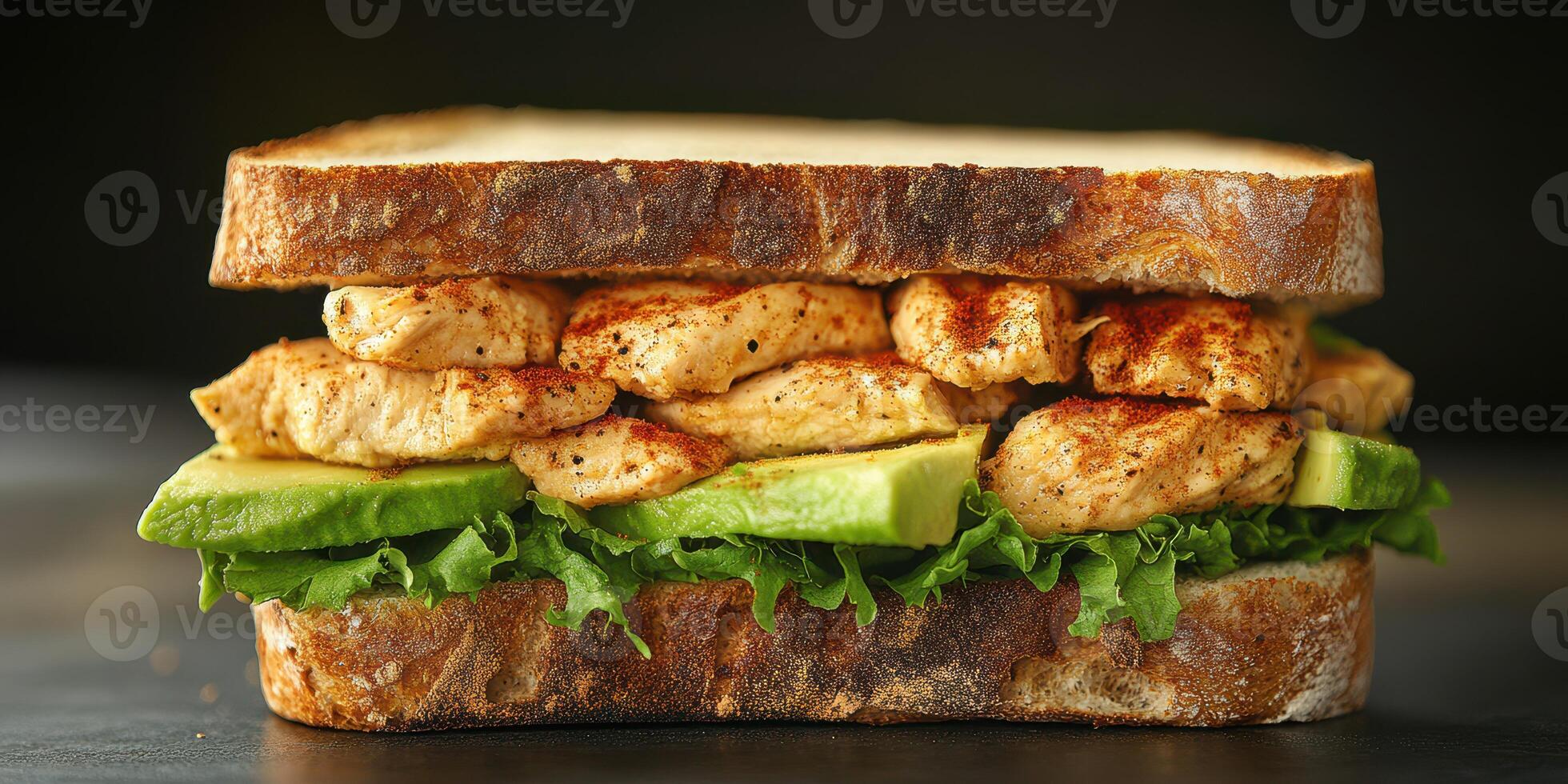 Savory grilled chicken sandwich stacked with fresh greens on whole grain bread photo