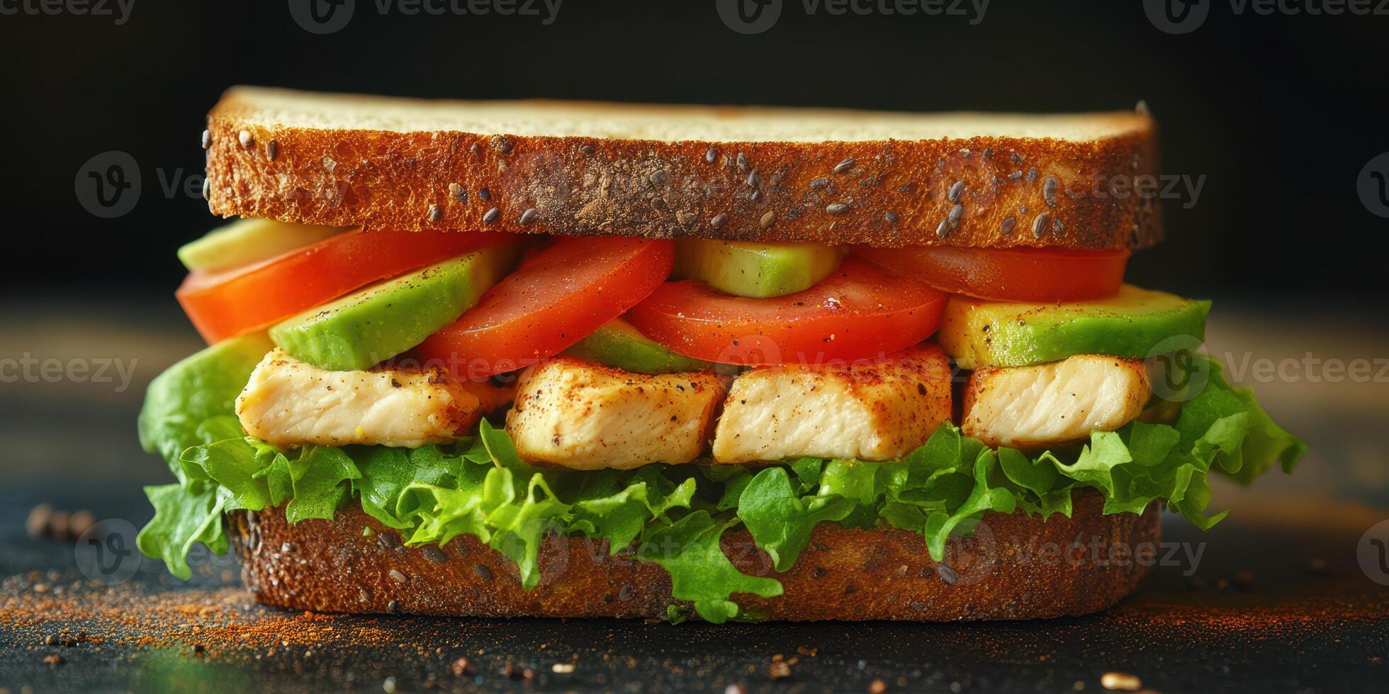 Fresh sandwich with grilled chicken, vegetables, and whole grain bread served in a cozy kitchen setting photo