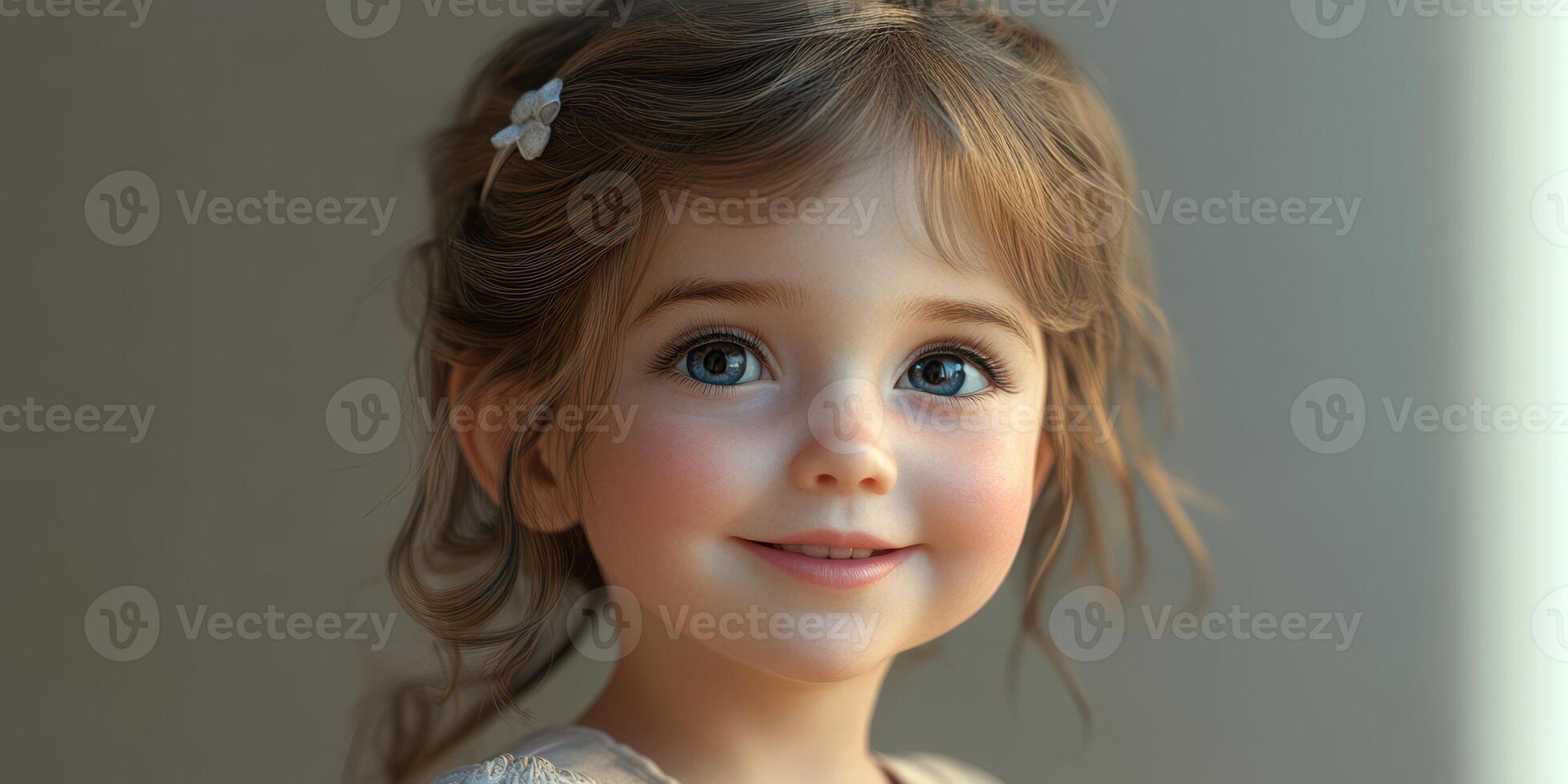 Young girl with joyful expression posing near a window with natural light illuminating her features photo
