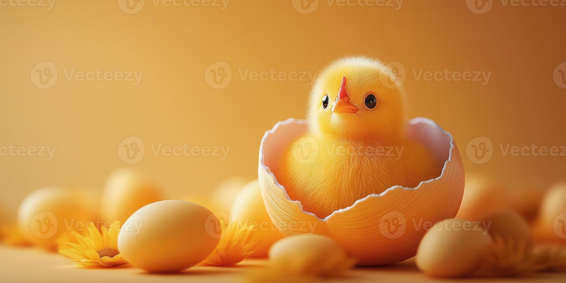 Cute yellow chick hatching from egg surrounded by decorated eggs and flowers during spring celebration photo