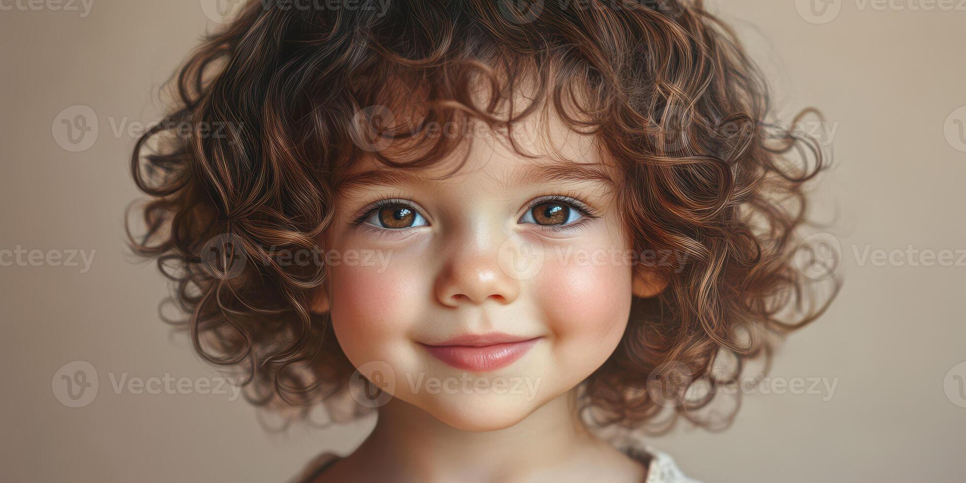 Smiling child with curly hair poses for a close-up portrait in soft lighting during a calm afternoon photo
