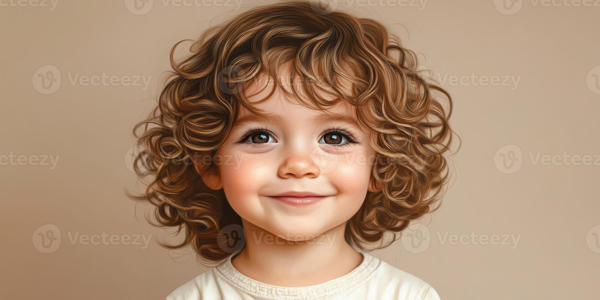 Smiling child with curly hair poses against a neutral background in a bright and cheerful setting photo