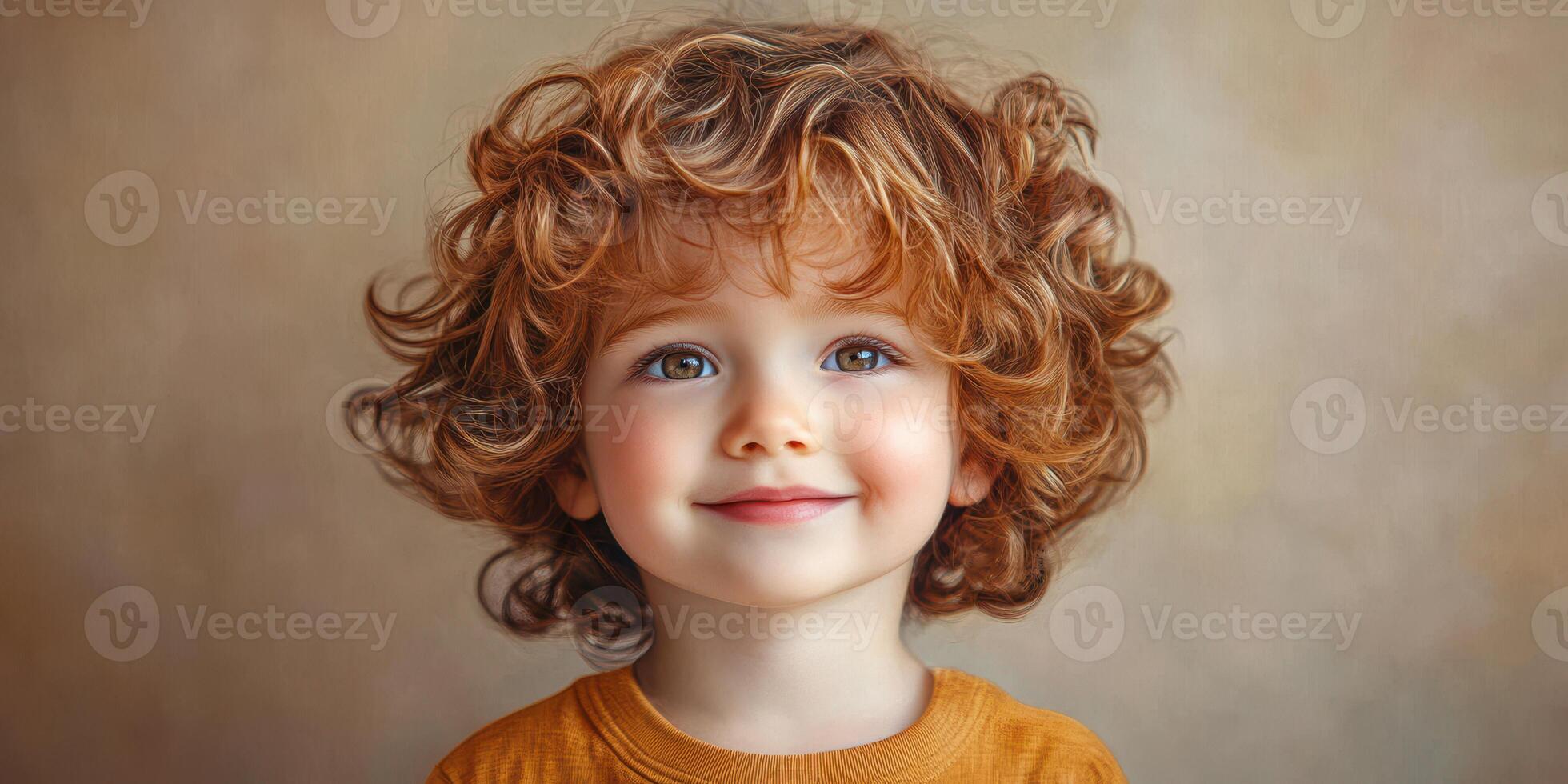 Young child with curly hair smiles brightly against a soft, neutral background in a warm-toned setting photo