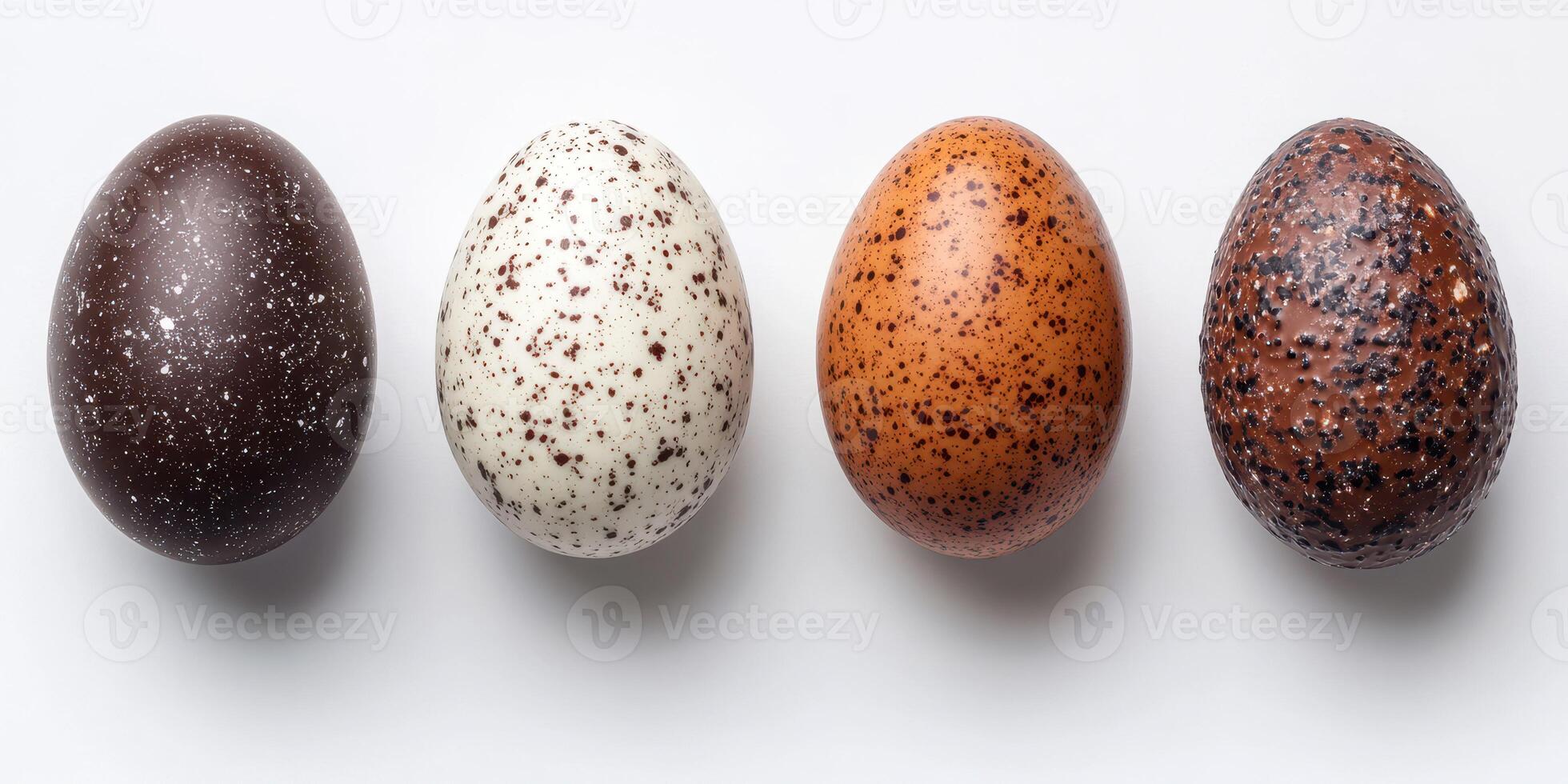 Decorative eggs in various colors and patterns displayed on a smooth surface in natural light photo