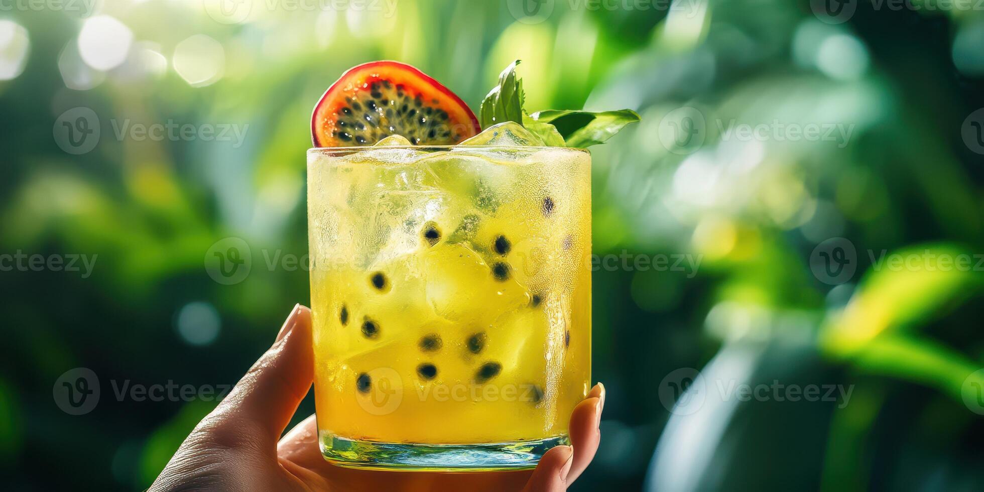 Refreshing tropical drink served in a glass with fresh ingredients in a lush garden setting photo