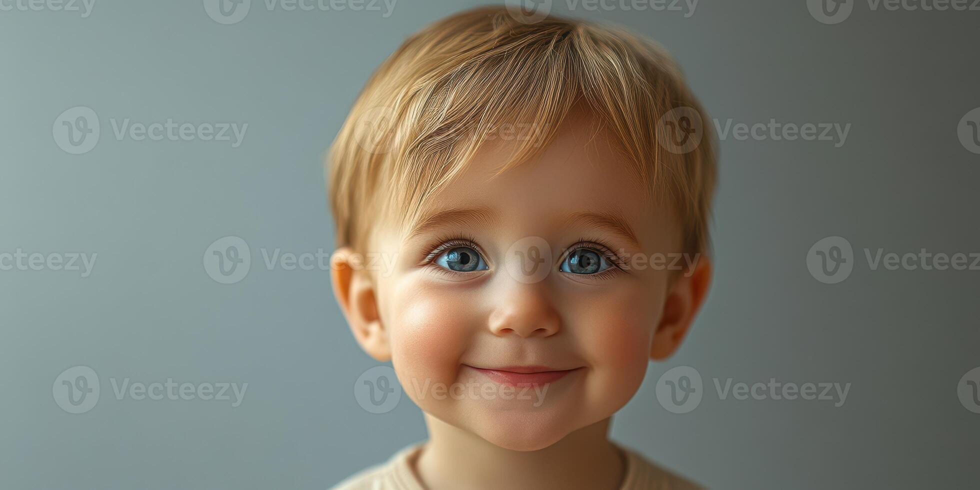 Smiling toddler with bright blue eyes shows joy against a soft gray background in a cozy indoor setting photo
