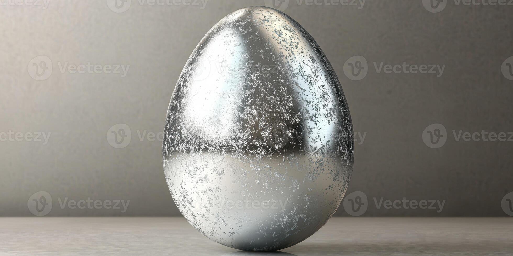 Shiny silver decorative egg on a light gray surface against a simple backdrop photo