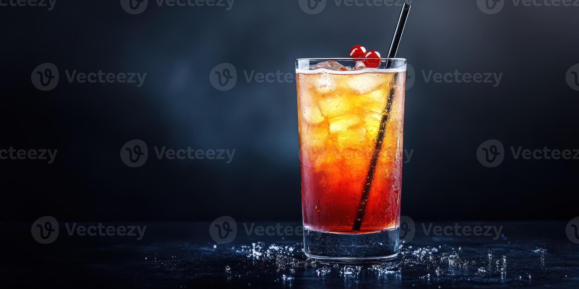 Refreshing cocktail served in a tall glass with ice, garnished with cherries on a dark background photo