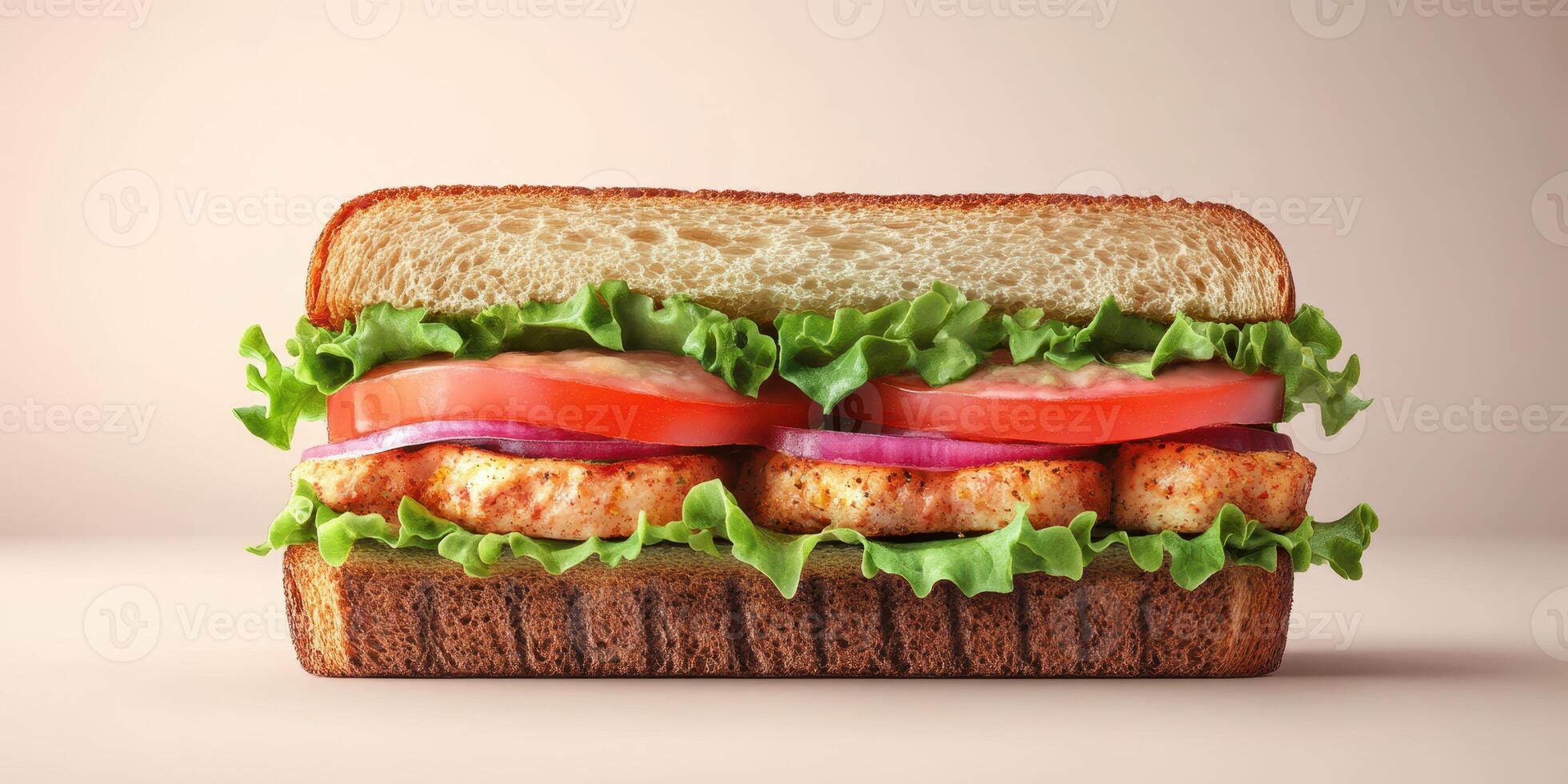 Freshly made sandwich with layers of chicken, lettuce, tomato, and onion on whole grain bread in a minimalistic setting photo