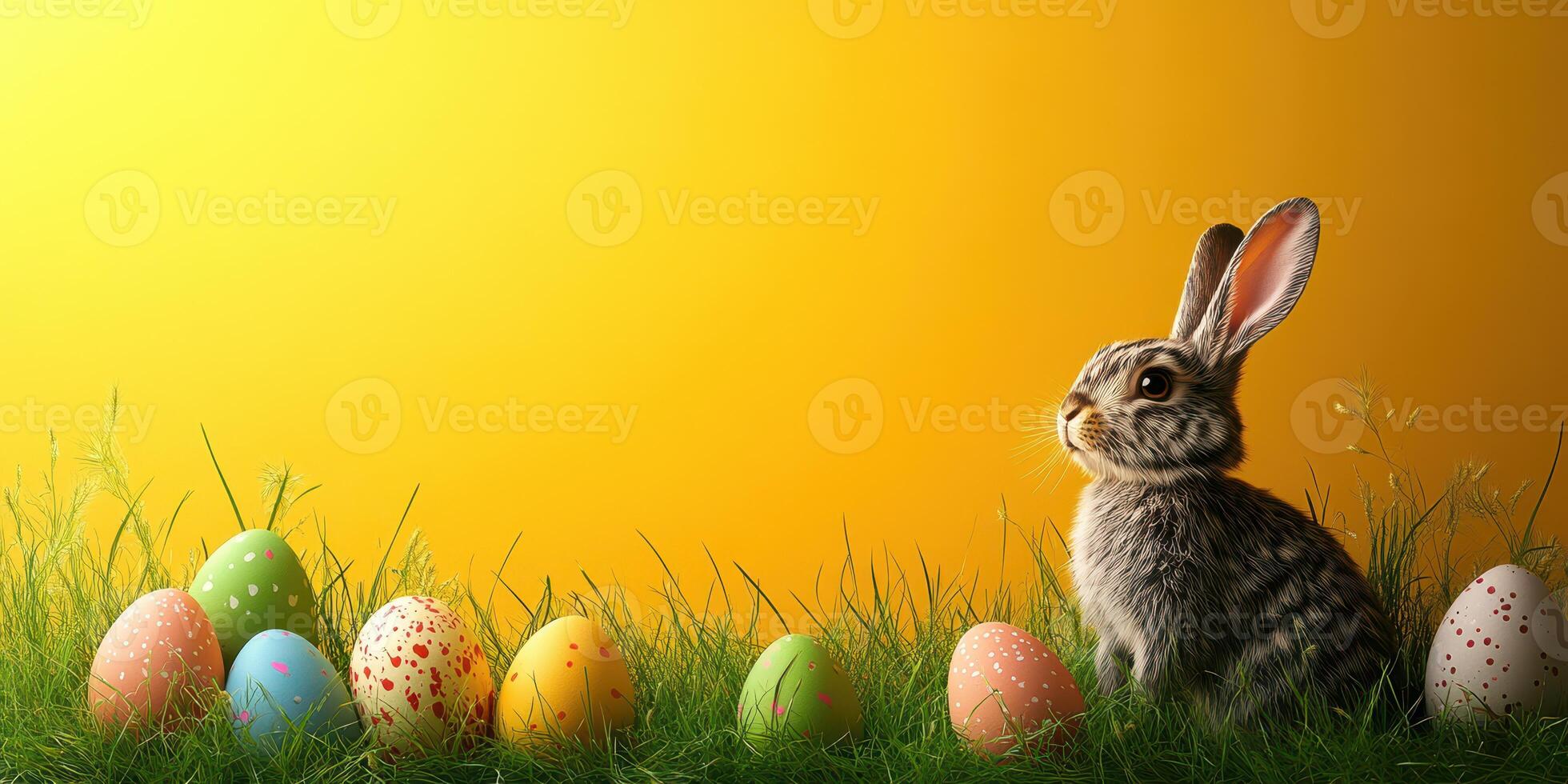 Colorful eggs and a curious rabbit in a spring meadow at sunset photo
