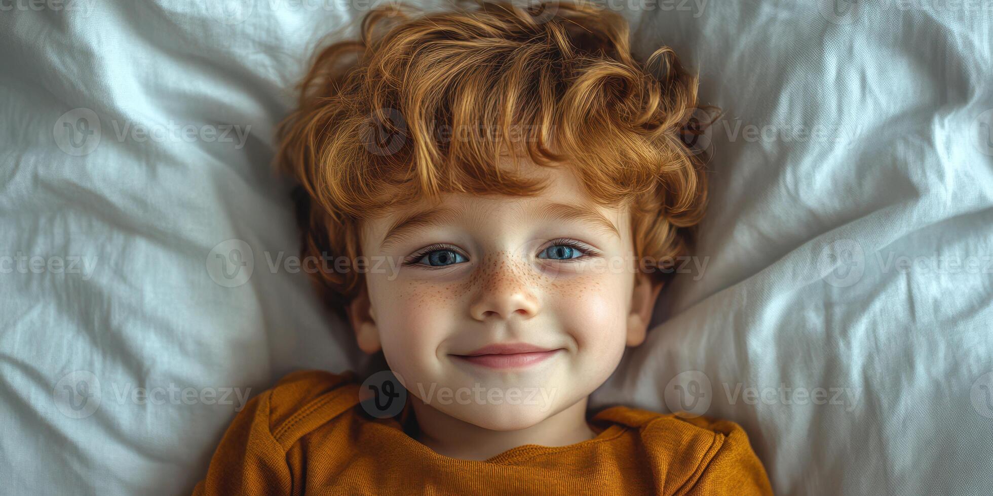 Smiling boy with curly hair relaxing on soft bedding in a cozy bedroom during afternoon photo