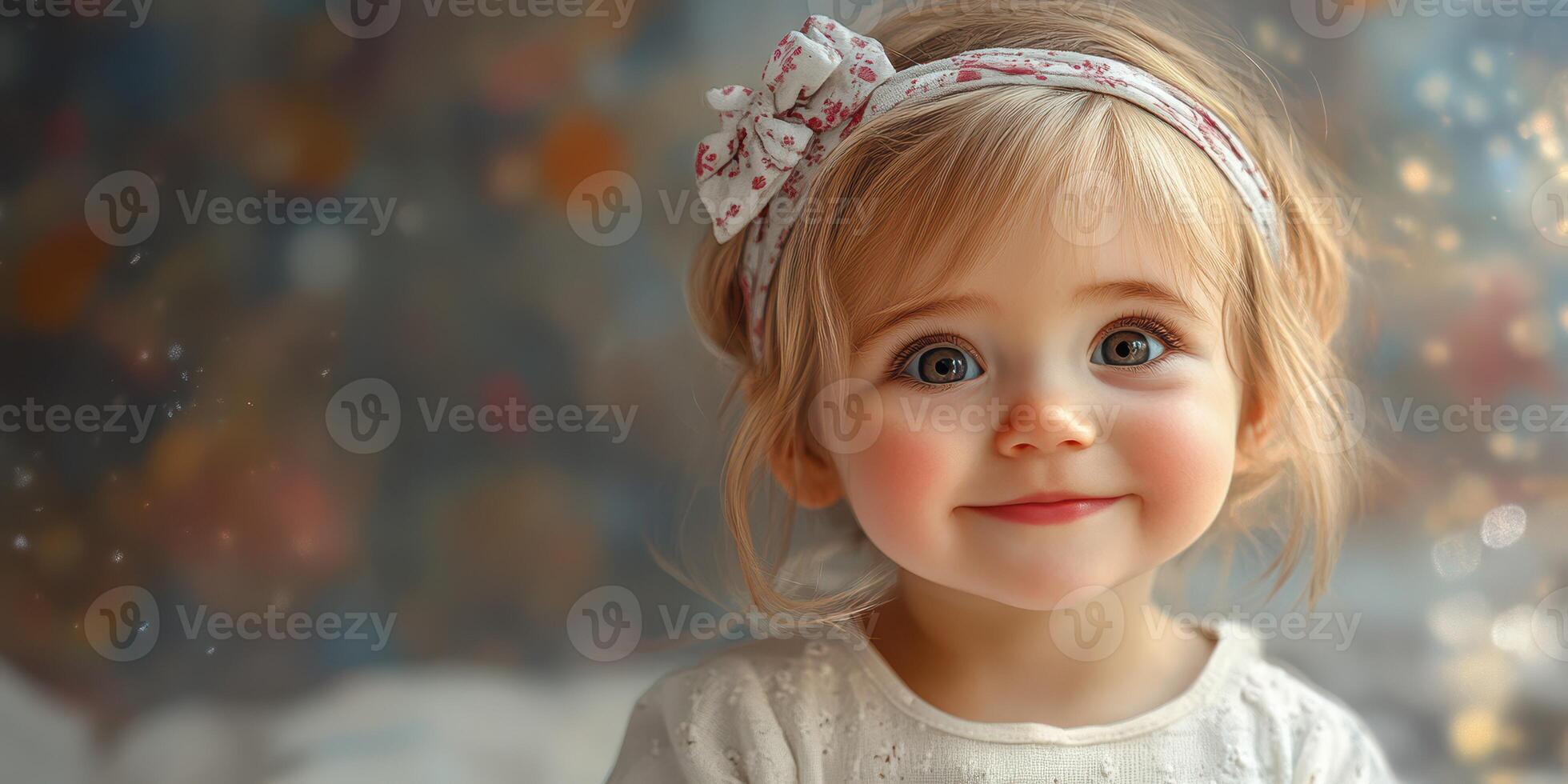 Young child with expressive smile and headband sitting indoors, captured in soft warm lighting during afternoon photo