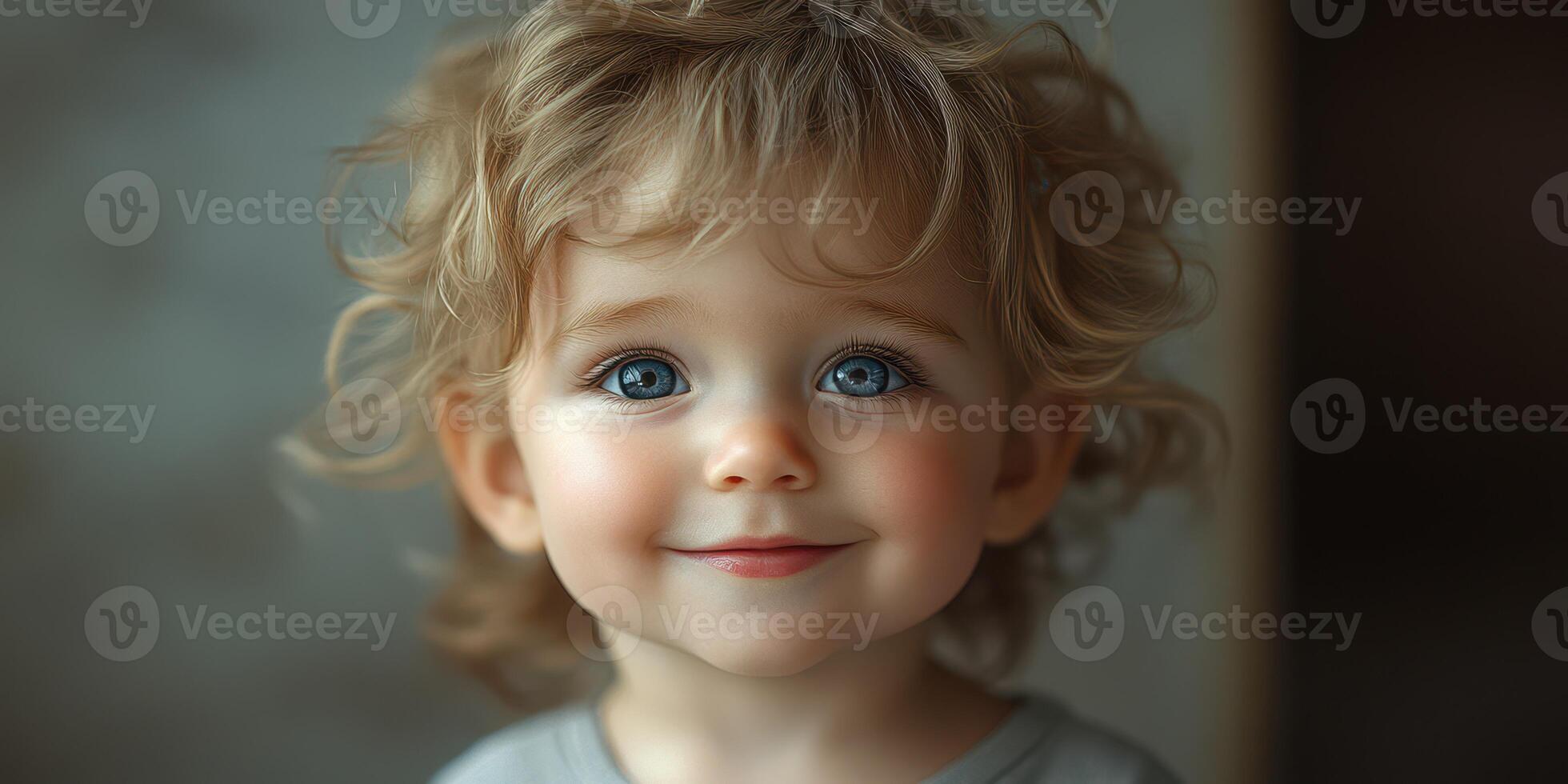Small child with curly hair smiles brightly, showcasing innocent joy and curiosity in a cozy indoor setting photo