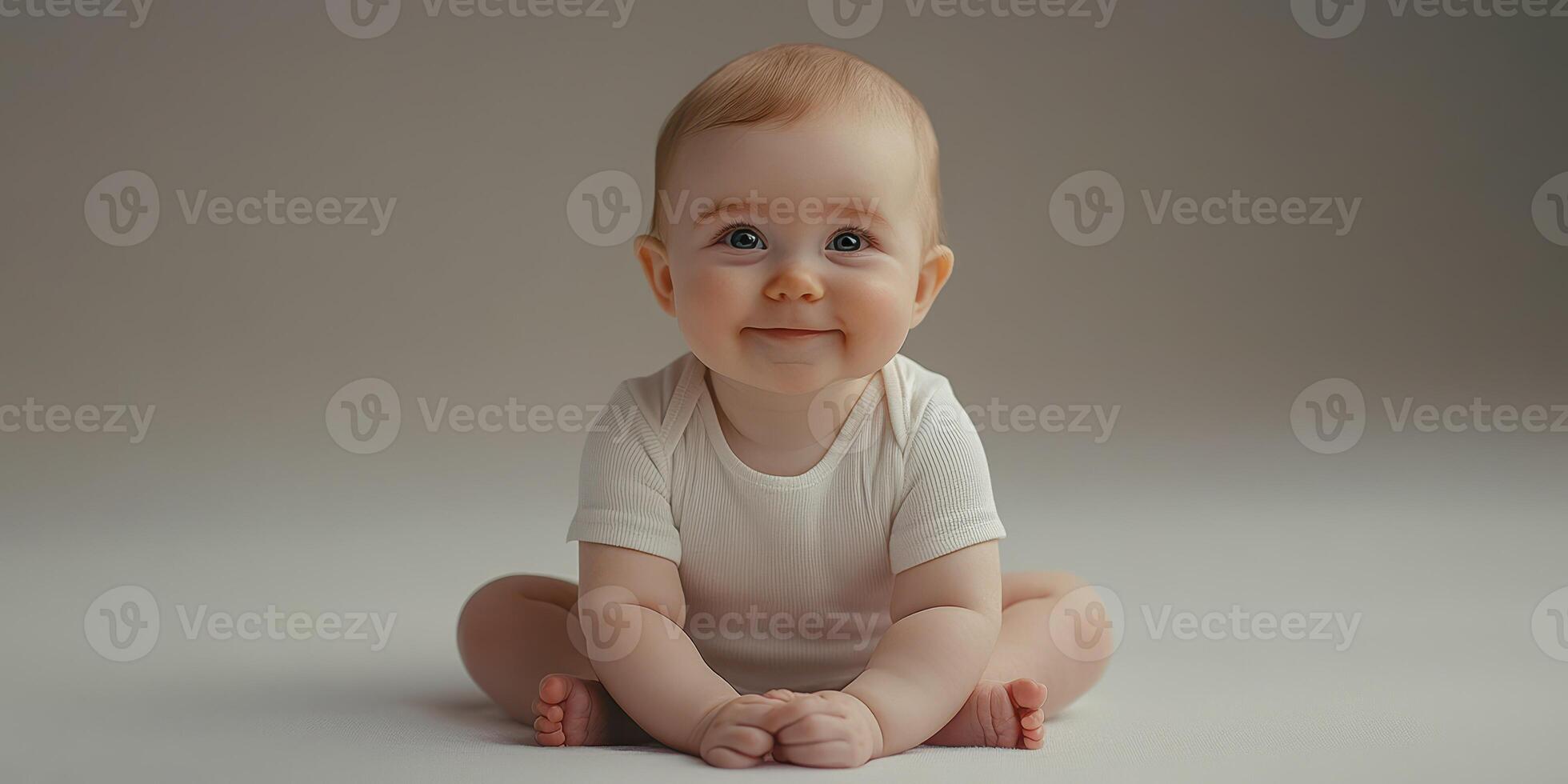 Happy baby sitting on soft surface with a joyful expression during a calm indoor setting photo