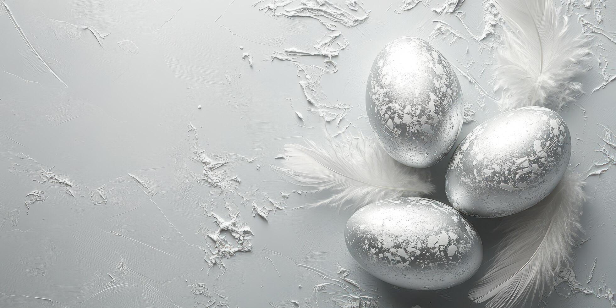 Glistening silver eggs with soft feathers arranged on a textured gray surface for a festive celebration photo