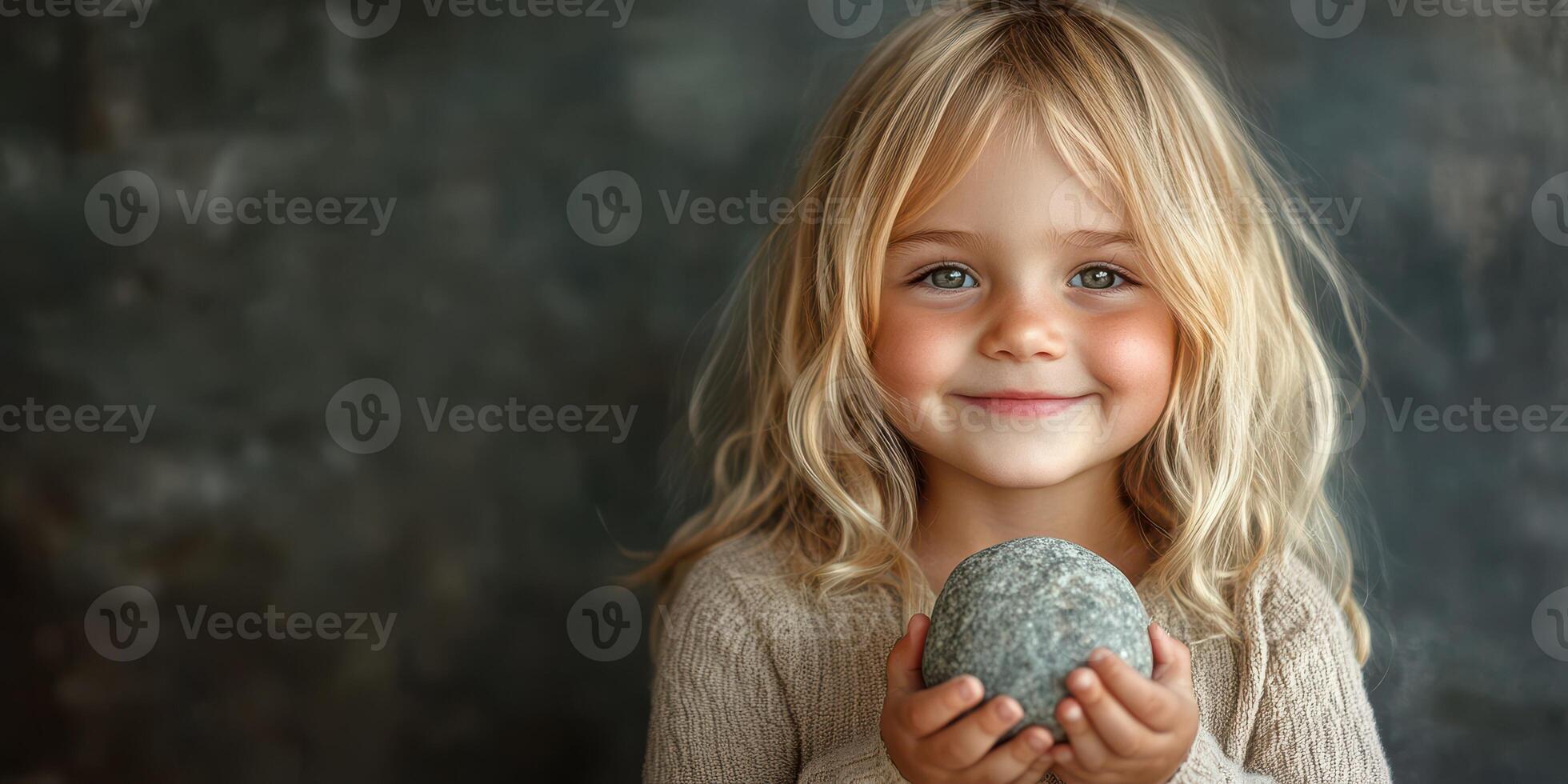 Young child smiles while holding a smooth stone in a cozy indoor setting during an afternoon photo